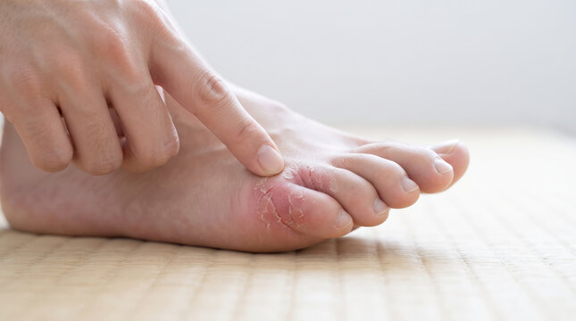 足の指の皮むけや赤みなど皮膚のトラブルを気にする男性の手元