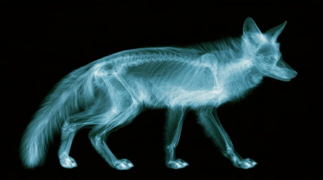 X-ray of a fox showing its skeletal structure and fur against a black background