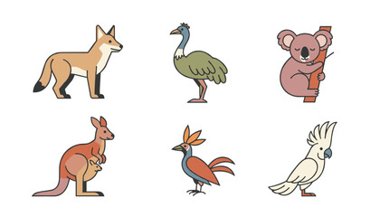 Obraz premium Collection of six Australian wild animals featuring dingo, emu, koala, kangaroo, lyrebird and cockatoo in flat style.