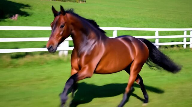 Running brown horse gallops across a sunlit green paddock beside a white rail fence. Equestrian promotion, horse care marketing, and animal documentaries.