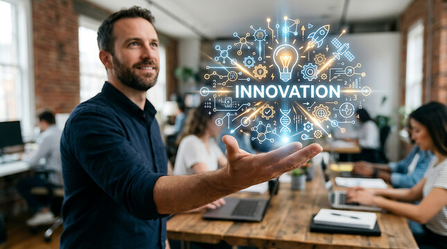 Business professional presenting innovation concept in modern office.