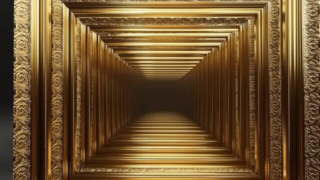 Ornate golden frames expand into a dark symmetrical tunnel with a centered vanishing point. Luxury title, cinematic opening sequences, and fashion presentation graphics.