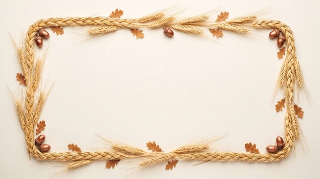 Autumn harvest frame with wheat stalks and acorns, rustic fall border on beige background, seasonal botanical composition for thanksgiving