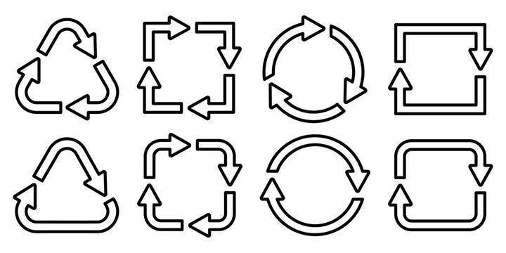 Circle arrows rotate, spinning, recycle, circular,, loading, redo, round, process, rotation icon set, button, logo, sign, symbol, line, black, flat vector. Circle arrow 1, 2, 3, 4, 5, 6, 7, 8, 9, 10.