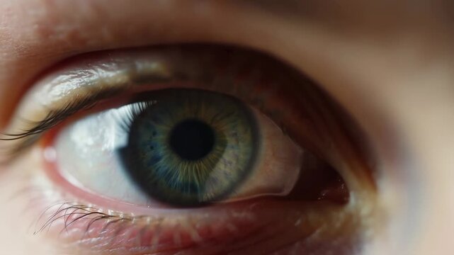 Human eye looking toward camera in extreme close-up with detailed green iris and subtle movement. Eye care advertising, optometry services, and ophthalmology education.