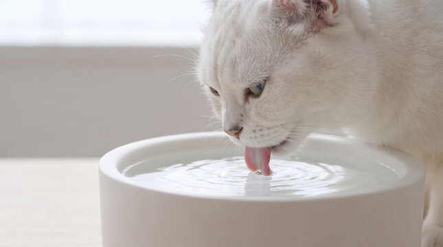器から美味しそうに水を飲む白い猫