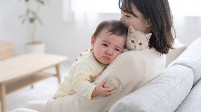 抱っこされて泣いている赤ちゃんと寄り添う子猫と母親