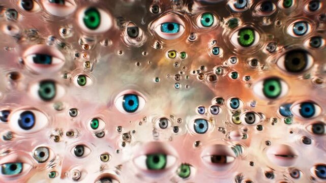 Floating eyes drift and blink across a surreal organic background. Horror film title sequences, surveillance and privacy campaigns, and experimental art projects.
