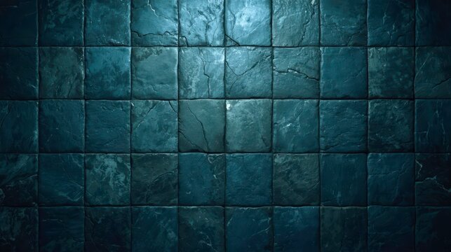 Dark blue stone tiles form a textured wall