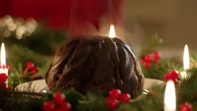 Steamed holiday pudding releases steam on a festive dining table with candles. Holiday food advertising, bakery marketing, and seasonal recipe videos.