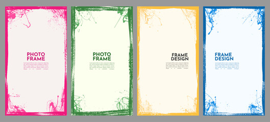 Fototapeta na wymiar Editable vector illustration. Grunge paint border frame with brush strokes and ink splatter for flyer, leaflet, voucher, coupon, social media stories. Bright vertical overlays set. Modern art style