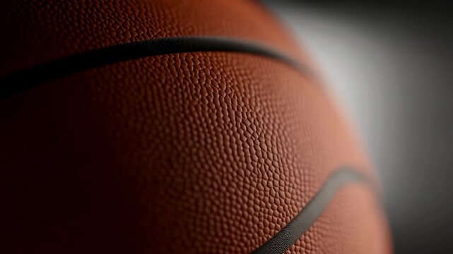 Basketball with textured seams rotates in an extreme close-up against a dark studio background. Sports advertising, basketball promotion, and athletic training content.