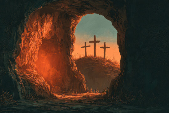 Resurrection scene with empty tomb cave opening, three crosses on a hill, dramatic easter spiritual scene