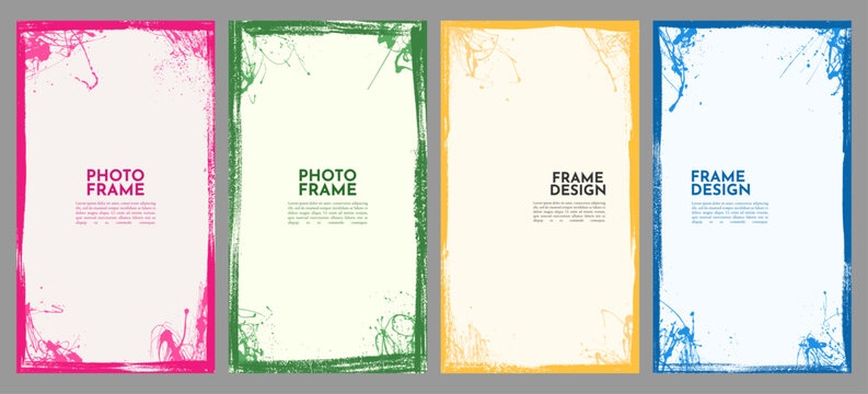 Editable vector illustration. Grunge paint border frame with brush strokes and ink splatter for flyer, leaflet, voucher, coupon, social media stories. Bright vertical overlays set. Modern art style