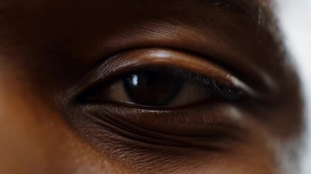 Human eye looking toward the camera in an extreme close-up portrait with soft directional light. Optometry advertising, eye care campaigns, and healthcare communication.