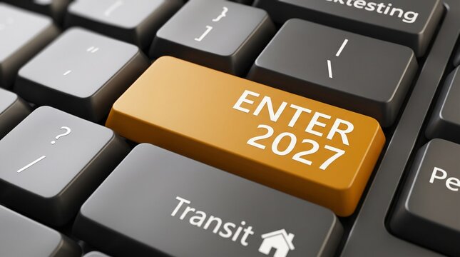 Close up of a computer keyboard with an orange enter key labeled 2027 future planning business planning computer equipment keyboard button career goals digital keyboa
