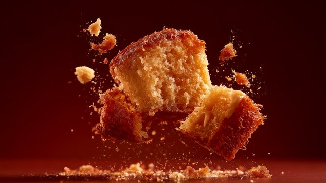 Delicious cake crumbs exploding in mid-air against a dark background