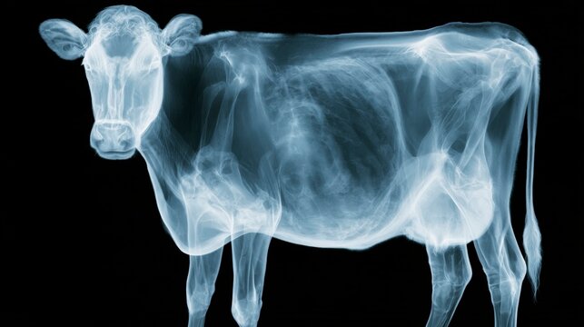 X-ray of a cow showing internal skeletal structure and organs on a black background