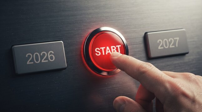 Finger pressing glowing red start button between 2026 and 2027 year markers with future planning business goals decision making corporate strategy finger press