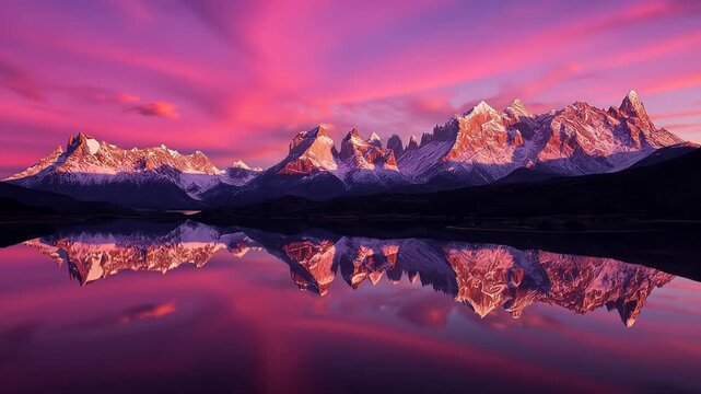 Time-lapse of snow-capped mountains reflecting in calm lake under vibrant pink and purple sunset sky