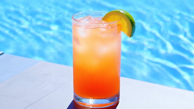 Poolside citrus cocktail rests beside rippling swimming pool water in bright daylight. Beverage advertising, cocktail menu promotion, and resort marketing.