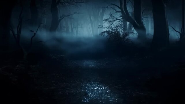 Misty forest path receding through a dark foggy woodland at night. Horror film establishing shots, thriller trailers, and mystery storytelling.