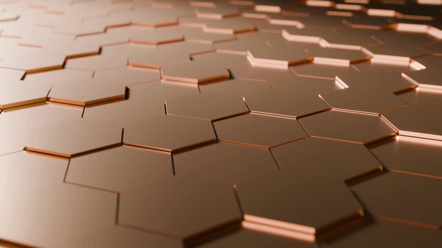 Abstract 3D copper hexagonal armour grid video loop. Kinetic metallic honeycomb tiles lifting and lowering for cybersecurity data protection tech firewall and advanced material shield background.