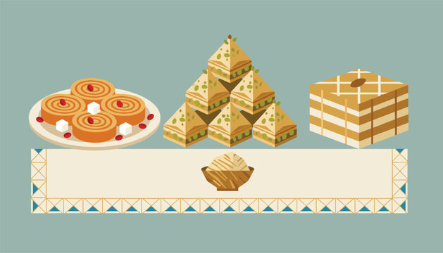 Selection of traditional Middle Eastern desserts including baklava, rolled cake, and basbousa arranged on a green table.