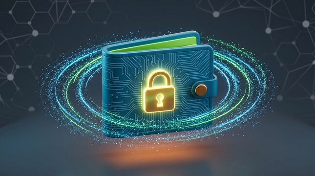 Digital wallet with a glowing padlock icon representing secure cryptocurrency transaction cyber security online finance blockchain technology digital asset encryption