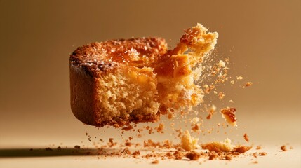 Fototapeta premium Delicious cake crumbling in mid-air with crumbs scattering around