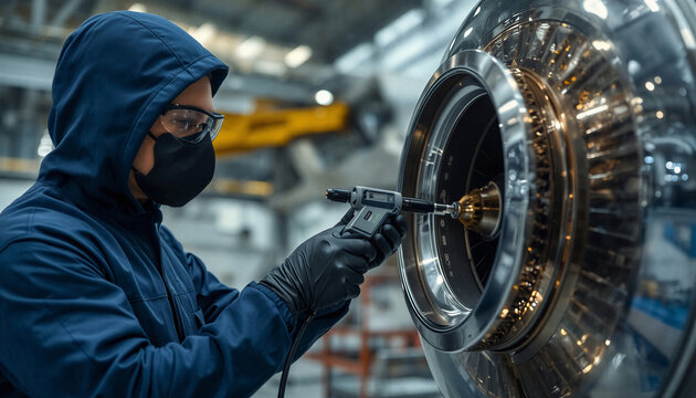 Aerospace quality engineer in dark blue protective gear and face mask using digital probe to inspect titanium jet engine blisk
