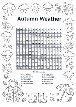 Autumn weather word search with rain and storm elements  