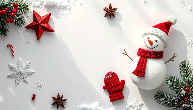 Christmas flat lay with cute snowman decoration, red star, candy cane, pine branches, berries, star anise and snowflakes on a bright white background with copy space for holiday greeting card design