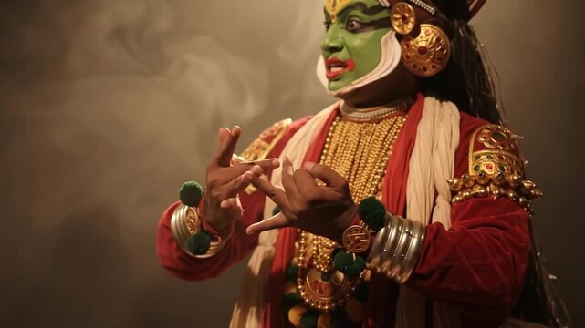 Traditional Kathakali dancer performing classical Indian dance with expressive hand gestures mudras on stage.