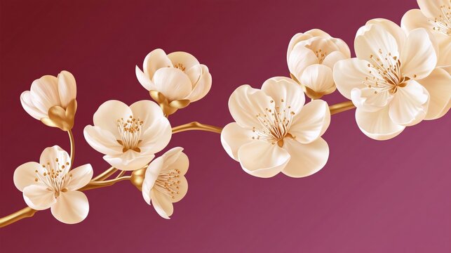 Delicate cream cherry blossoms with golden stamens and stems against deep plum background, soft gradient, elegant floral composition with copy space