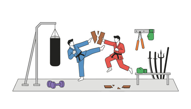 Martial arts training inside a dojo featuring two karate fighters practicing moves near sports equipment and weapons.