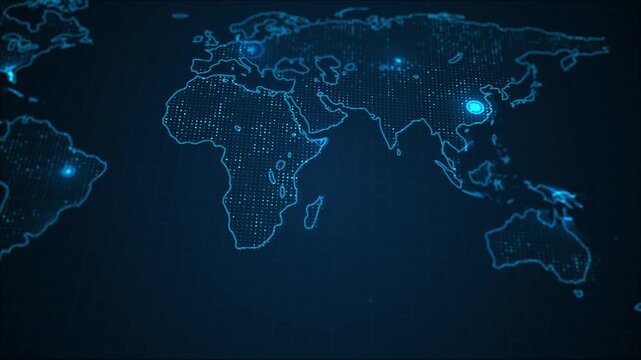 Glowing blue world map displays connection points continents digital grid. global business, communication, data network, logistics, cybersecurity, travel technology, news , worldwide connectivity.
