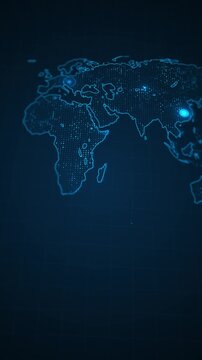 Digital dots and bright nodes map centered on global trade, cloud computing, internet connection, financial markets, supply chains, telecommunications, analytics, and corporate 19 presentation