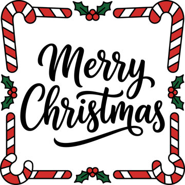 Merry christmas festive greeting card design with candy canes and holly berries