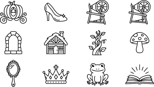 Classic Fairytale and Princess Storybook Line Icon Set with Pumpkin Carriage Glass Slipper Spinning Wheel Cottage Crown Mirror and Frog Prince Symbols