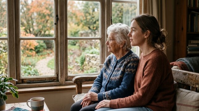 An elderly woman with alzheimer looks out a window alongside a compassionate young caregiver on a cozy bench, highlighting memory care, gentle support, and emotional connection in a calm