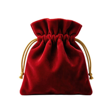 Red velvet drawstring pouch with gold cord, isolated on transparent background