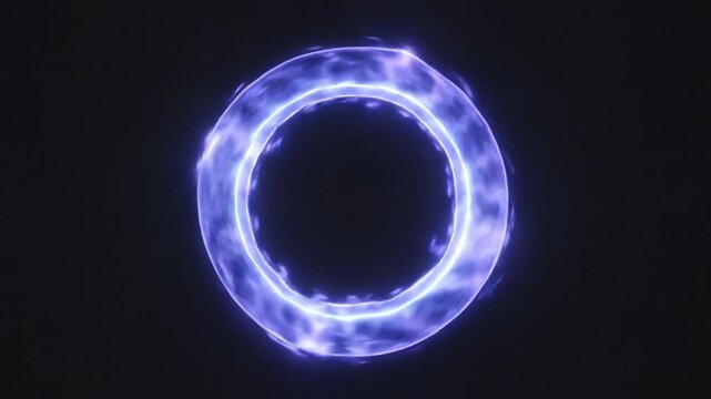 Cinematic video animation of a glowing blue energy ring with plasma-like motion and luminous edges against a dark background.