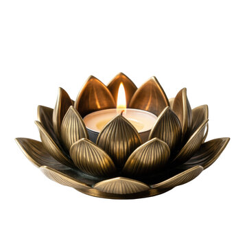 Brass lotus tealight holder with a burning candle, isolated on transparent background