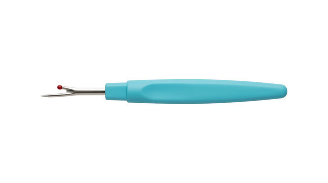 Blue plastic handle seam ripper tool for sewing and tailoring isolated on white background