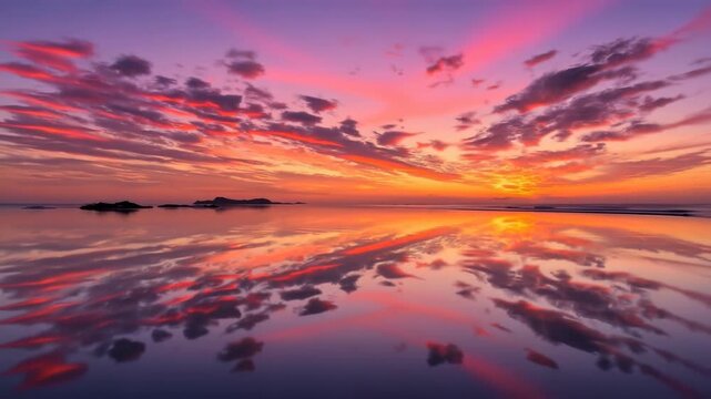 Vibrant sunset over calm sea with cloud reflections and distant island silhouette
