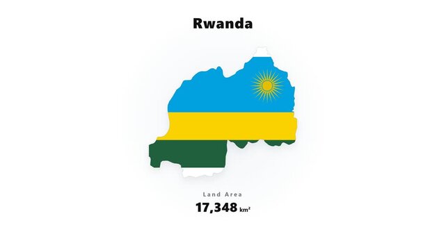 Rwanda map silhouette in national flag colors with sun emblem and country statistics on white background