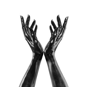 Two pairs of hands with black gloves are raised high. The background is plain and white, creating a stark contrast. The focus is on hand shapes and movements. 3d render