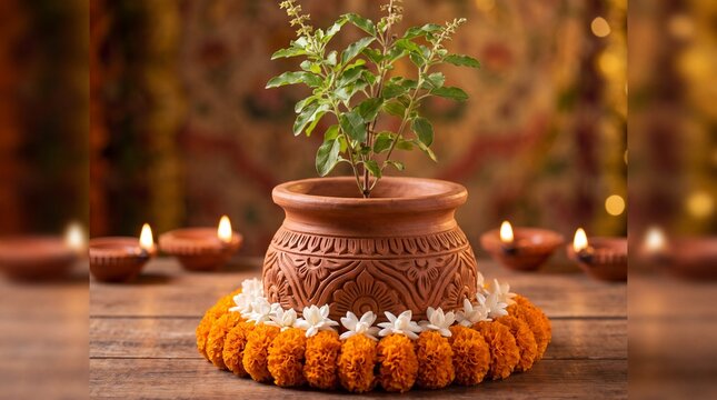 Macro Tulsi Vivah arrangement with crisp leaves and floral garlands