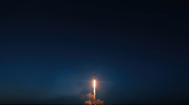 Powerful Rocket Launching into the Night Sky, Illuminating the Darkness with Fiery Ascent